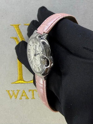 Cartier Ballon Bleu de Cartier 33mm Stainless Steel Silver Roman Dial Automatic – Aftermarket Pink Alligator Strap – Ref. W6920071