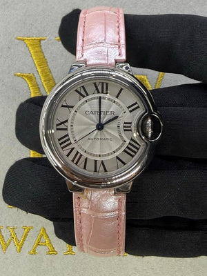 Cartier Ballon Bleu de Cartier 33mm Stainless Steel Silver Roman Dial Automatic – Aftermarket Pink Alligator Strap – Ref. W6920071