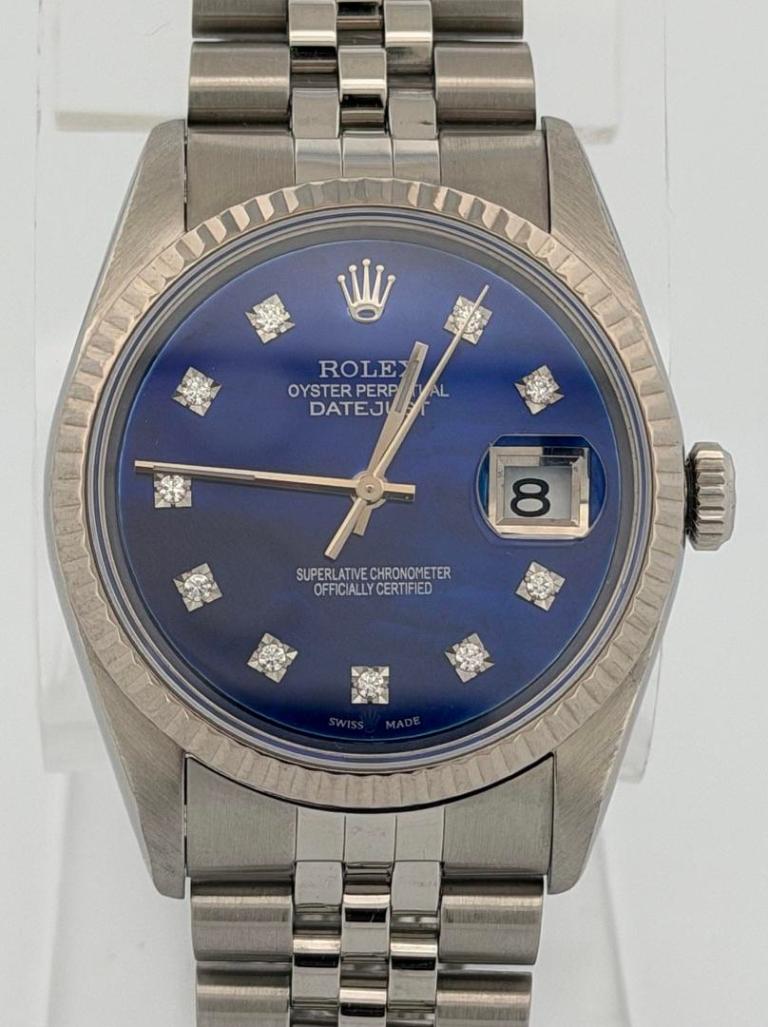 Rolex Datejust 16234 36mm Blue Diamond Dial Stainless Steel Fluted Bezel Jubilee Band