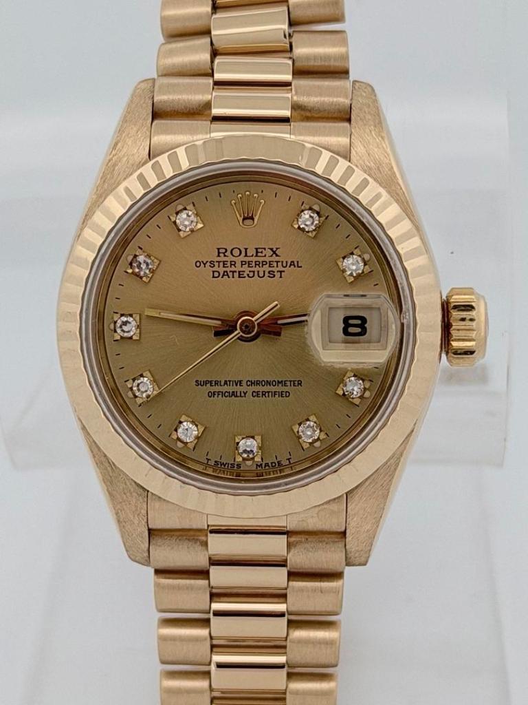 Rolex Lady-Datejust President 69178 26mm Factory Champagne Diamond Dial 18k Yellow Gold President Bracelet Fluted Bezel