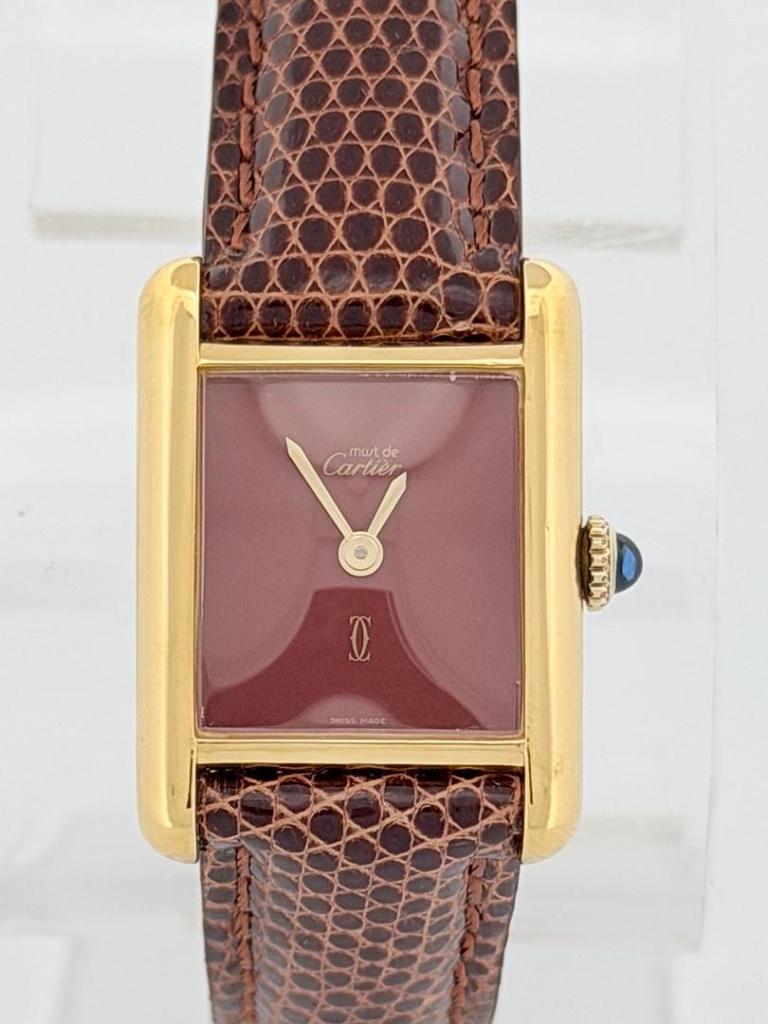 Cartier Tank Vermeil Les Must 3 061158 17mm Burgundy dial Gold Plated on Silver (925) Box & Papers