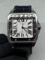 Cartier Santos 100 Large Stainless Steel with Black Leather Strap