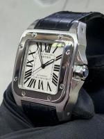 Cartier Santos 100 Large Stainless Steel with Black Leather Strap - Image 2