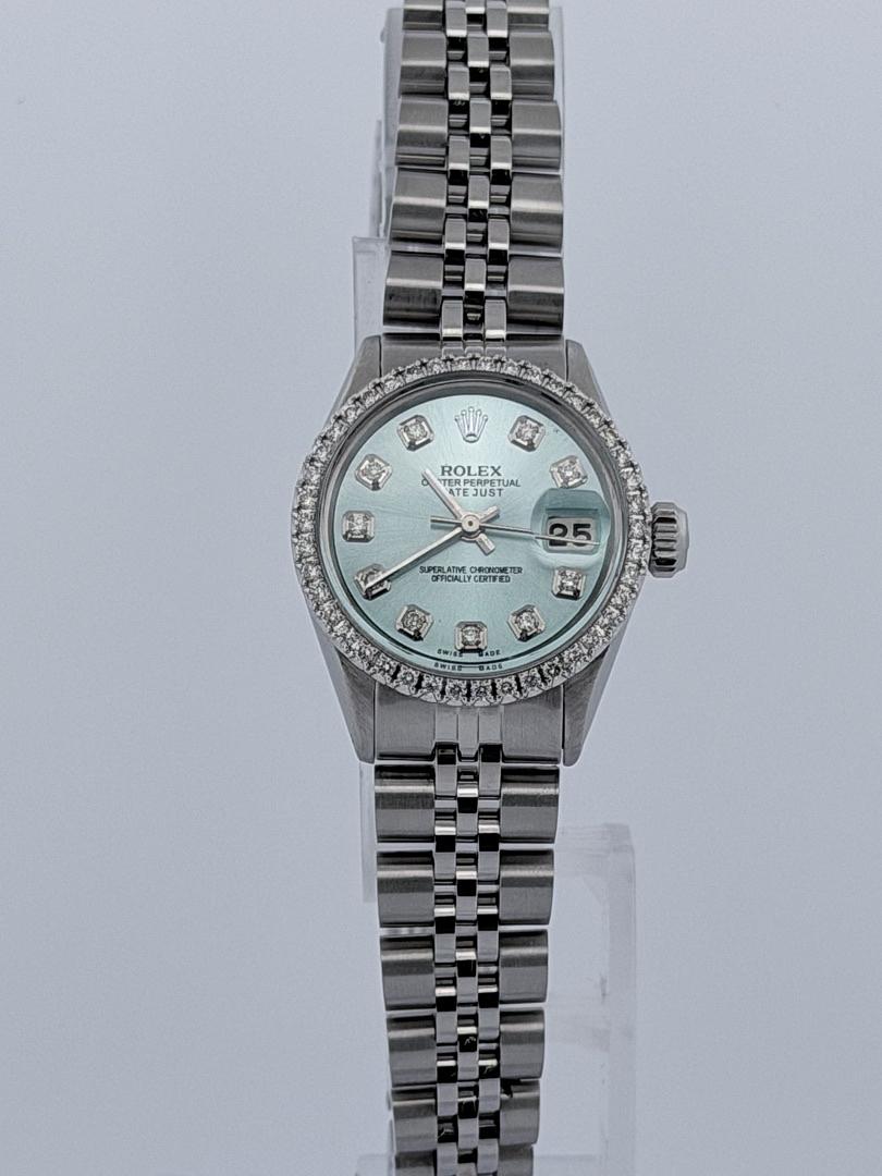 Rolex Lady-Datejust Ref. 6517 Tiffany Blue Satin Dial Diamond Bezel 26mm 1959 Automatic Stainless Steel Jubilee Bracelet Naked