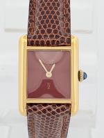 Cartier Tank Vermeil Les Must 3 061158 17mm Burgundy dial Gold Plated on Silver (925) Box & Papers